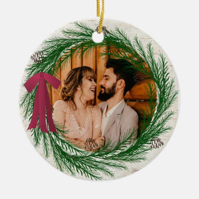 Rustic First Christmas Married Pine Wreath Photo  Ceramic Tree Decoration (Front)