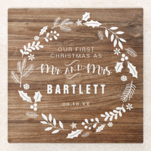 Rustic First Christmas Mr and Mrs Glass Coaster