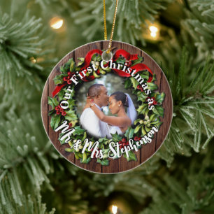 Rustic First Christmas Mr Mrs Couple Wedding Photo Ceramic Tree Decoration