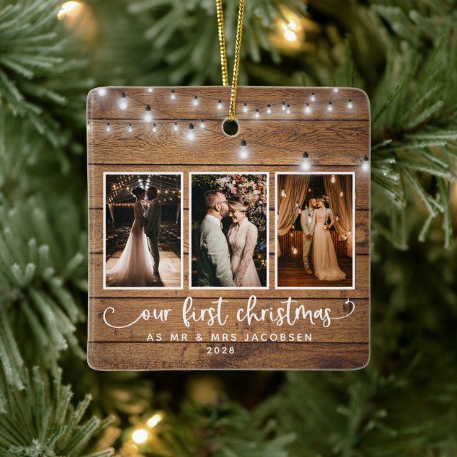 Rustic First Christmas Mr Mrs Photo Collage Lights Ceramic Ornament (Tree)