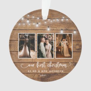 Rustic First Christmas Mr Mrs Photo Collage Lights Ornament