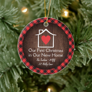Rustic First Christmas New Home Heart Plaid Photo Ceramic Tree Decoration