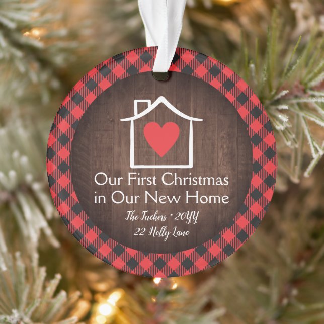 Rustic First Christmas New Home Heart Plaid Photo Ornament (Tree)