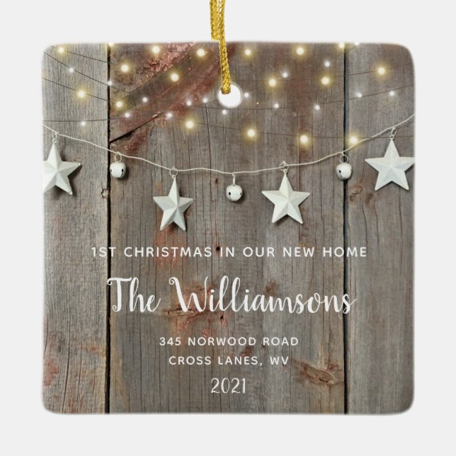 Rustic First Christmas New Home Photo Wood Ornamen Ceramic Ornament (Front)