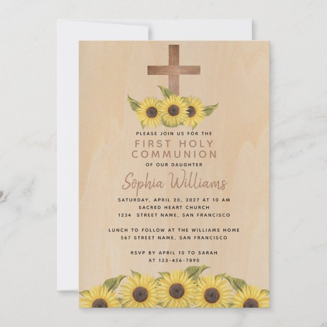 Rustic First Communion Wood Cross Sunflowers Invitation (Front)