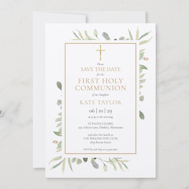 Rustic First Holy Communion Watercolor Greenery Save The Date (Front)
