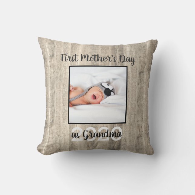 Rustic First Mother's Day Grandma Wood Photo Cushion (Front)