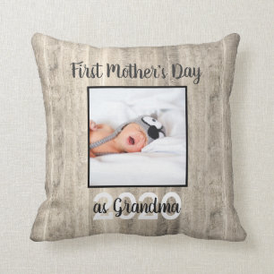 Rustic First Mother's Day Grandma Wood Photo Cushion