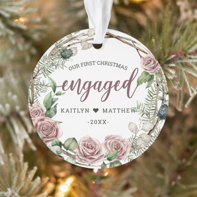 Rustic First Year Engaged Pink Floral Christmas Ornament (Tree)
