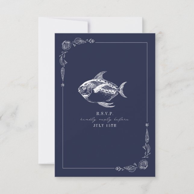 Rustic Fish Dark Blue Beach Wedding RSVP (Front)