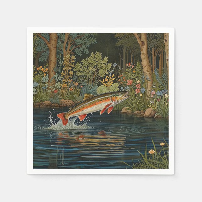 Rustic fish fishing jumping fishing trout salmon  napkin (Front)