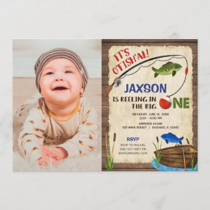 Rustic fishing 1st birthday boy photo invitation