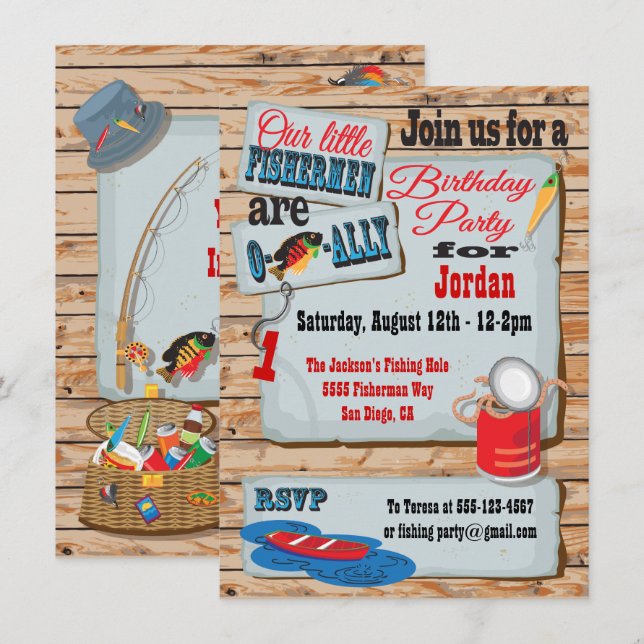 Rustic Fishing Birthday Party Twins Invitations (Front/Back)