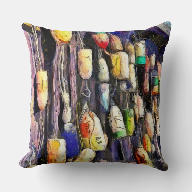 Rustic Fishing Buoys Colourful Pillow (Front)