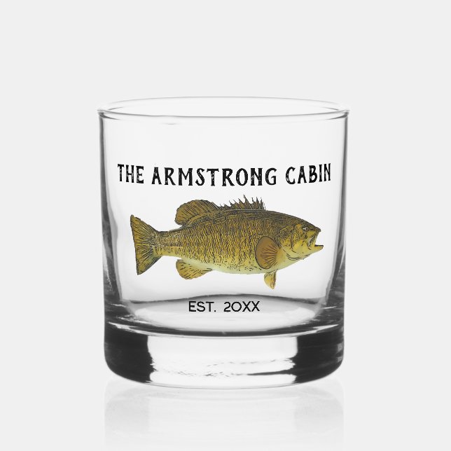 Rustic Fishing Family Cabin Personalised Whiskey Glass (Front)