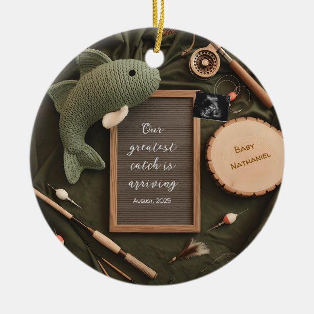Rustic Fishing-Themed Pregnancy Announcement  Ceramic Tree Decoration (Front)