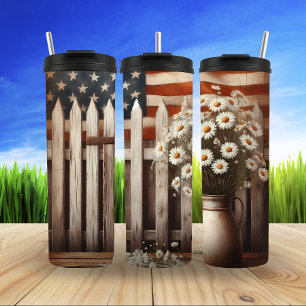 Rustic Flag and Daisies Charm Thermal Tumbler