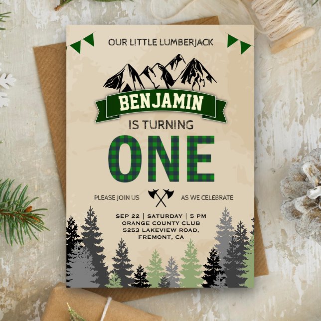 Rustic Flannel Lumberjack 1st First Birthday Party Invitation (Creator Uploaded)