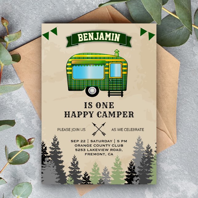 Rustic Flannel One Happy Camper 1st Birthday Party Invitation (Creator Uploaded)