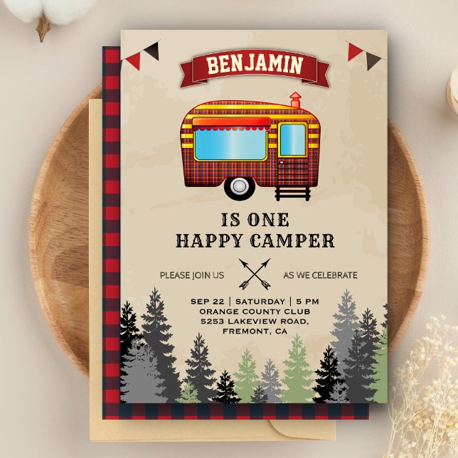 Rustic Flannel One Happy Camper 1st Birthday Party Invitation (Creator Uploaded)