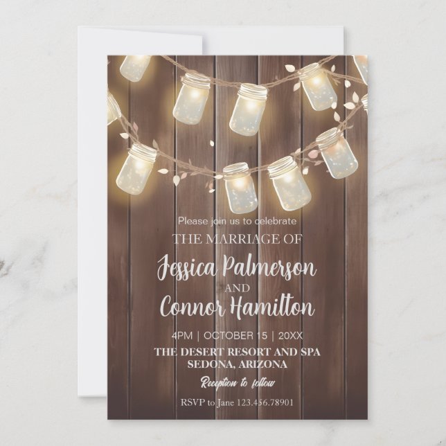 Rustic Flat Mason Jar Lighting Wedding Wood Barn Invitation (Front)