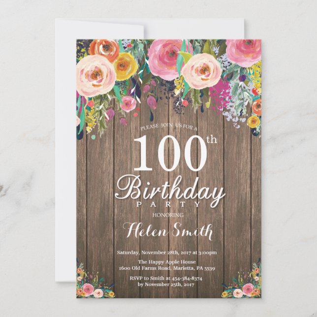 Rustic Floral 100th Birthday Invitation for Women (Front)