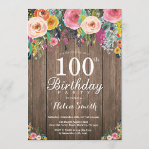 Rustic Floral 100th Birthday Invitation for Women