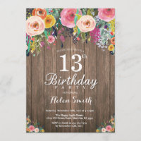 Rustic Floral 13th Birthday Invitation for Women