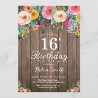 Rustic Floral 16th Birthday Invitation for Women