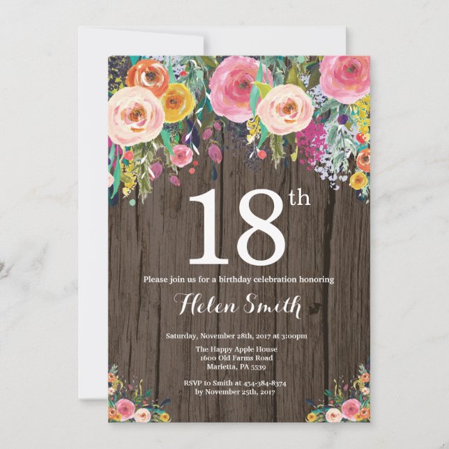 Rustic Floral 18th Birthday Invitation (Front)