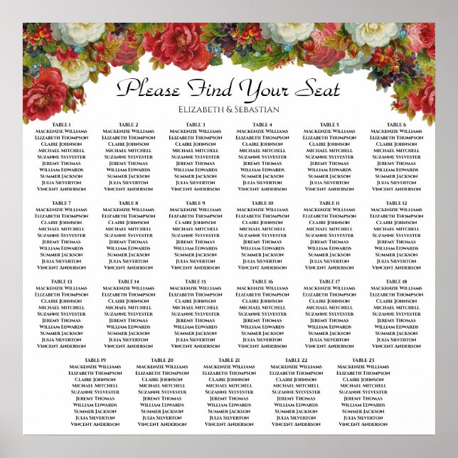 Rustic Floral 23 Table Wedding Seating Chart (Front)