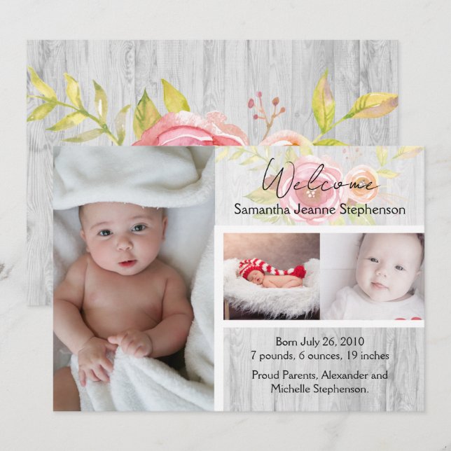 Rustic Floral 3 Photo Girl Baby Birth Announcement (Front/Back)