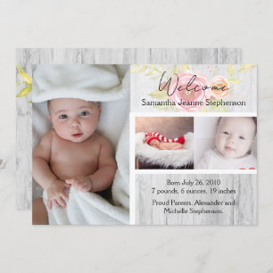Rustic Floral 3 Photo Girl Baby Birth Announcement