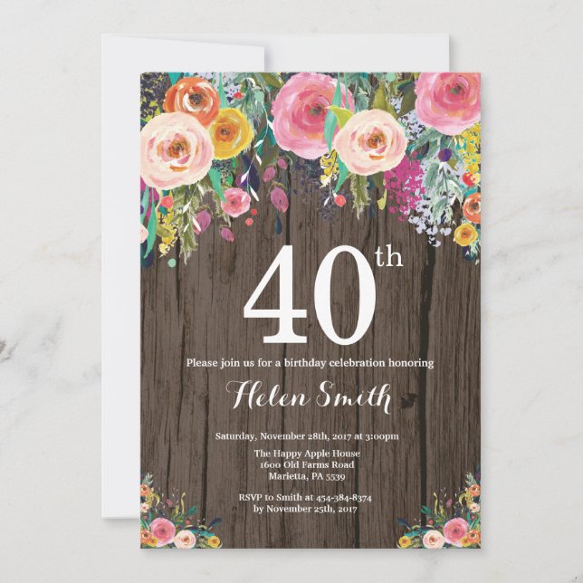 Rustic Floral 40th Birthday Invitation (Front)