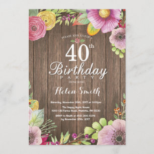 Rustic Floral 40th Birthday Invitation for Women
