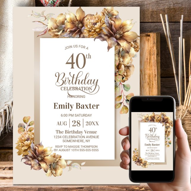 Rustic Floral 40th Birthday Party Invitation (Creator Uploaded)