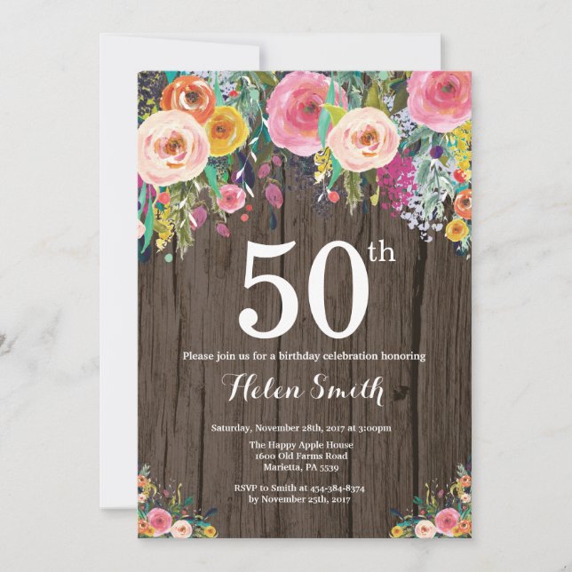 Rustic Floral 50th Birthday Invitation (Front)