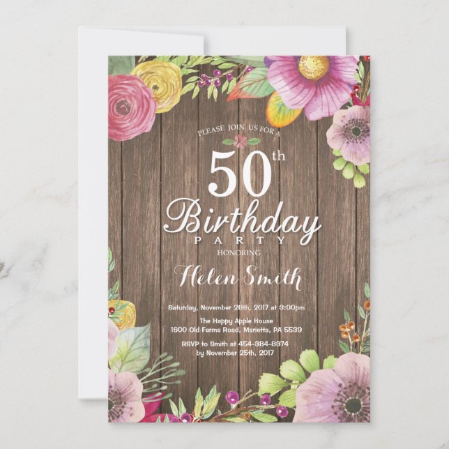Rustic Floral 50th Birthday Invitation for Women (Front)