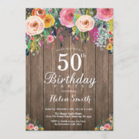 Rustic Floral 50th Birthday Invitation for Women