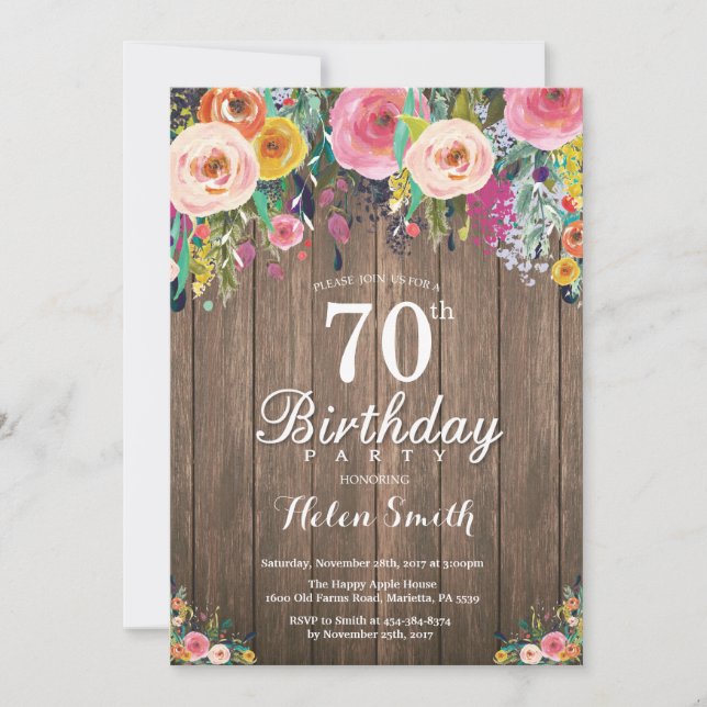 Rustic Floral 70th Birthday Invitation for Women (Front)