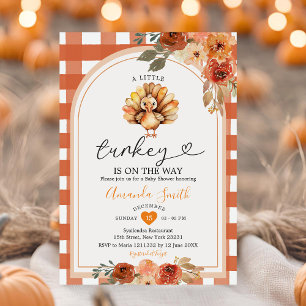 Rustic Floral A Little Turkey Gingham Baby Shower Invitation