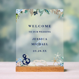 Rustic Floral Anchor Beach Wedding Welcome Acrylic Sign