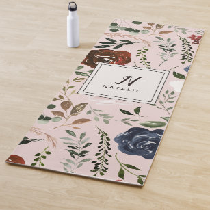 Rustic floral and antlers navy burgundy pink yoga mat