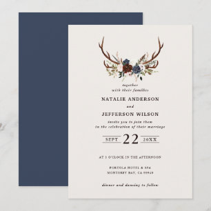 Rustic floral and antlers wedding navy blue