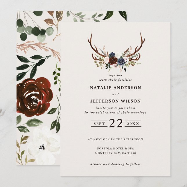 Rustic floral and antlers wedding navy burgundy (Front/Back)