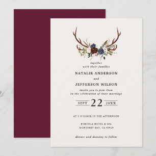 Rustic floral and antlers wedding navy burgundy save the date