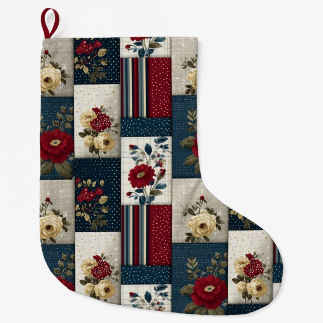 Rustic Floral and Geometric Patchwork Design Large Christmas Stocking (Front)