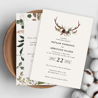 Rustic floral and stag antlers wedding invite