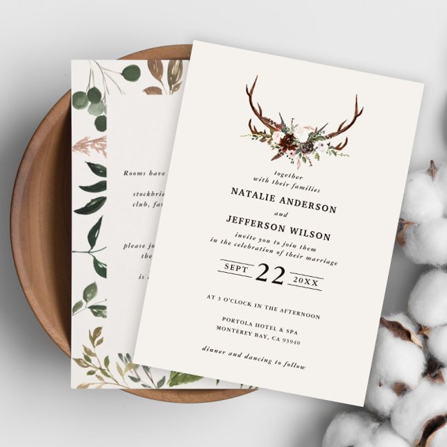 Rustic floral and stag antlers wedding invite (Creator Uploaded)