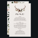 Rustic floral and stag antlers wedding menu<br><div class="desc">Rustic floral and stag antlers wedding menu. Modern rustic wedding range with watercolor foliage,  floral and stag design. Part of a collection</div>